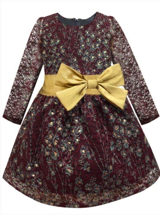 BRANDED Maroon floral print fit & flare dress Round neck Long, regular sleeves Bow detail Knee length in flared her Lace fabric Zip closure