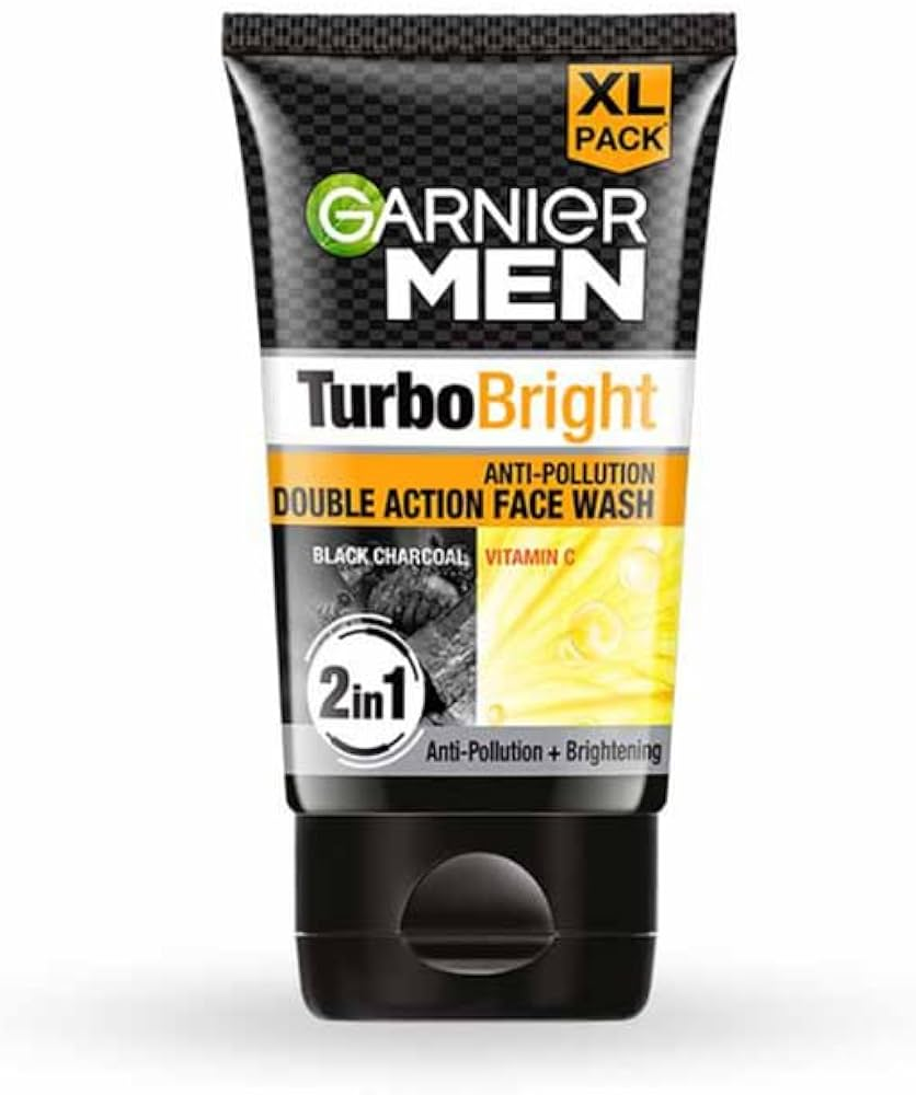 GARNIER MEN TURBO BRIGHT ANTI POLUTION DOUBLE ACTION  FACE WASH BLACK CHARCOAL VITAMIN C 100G